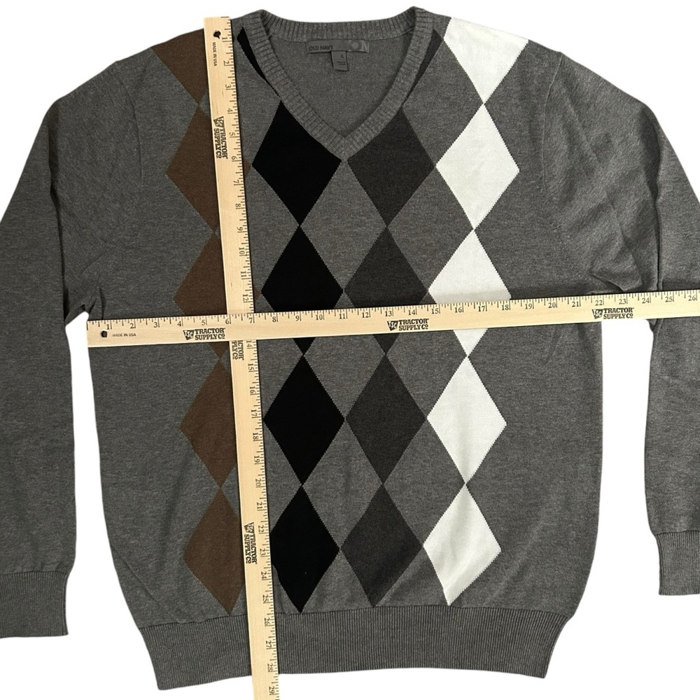 Old Navy Mens XL Gray Argyle Diamond Pullover V Neck 100% Cotton Sweater - Picture 3 of 6